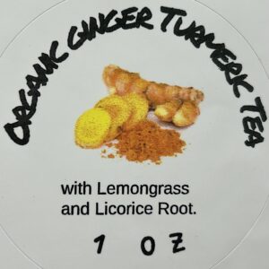Ginger Turmeric Tea label, available for purchase locally in Fort Myers, Florida and online.